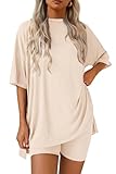 PRETTYGARDEN Women's Two Piece Lounge Set 2025 Summer Casual Oversized Shirts Biker Shorts Matching Airport Travel Outfit (Beige,Medium)