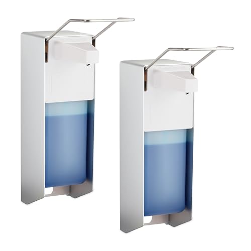 Relaxdays Soap Dispenser, Set of 2, 1000 ml, Steel Pump, Lever, Sanitiser Container, Wall-Mount, Hygienic, Silver/White, Aluminium, 32 x 9 x 23 cm