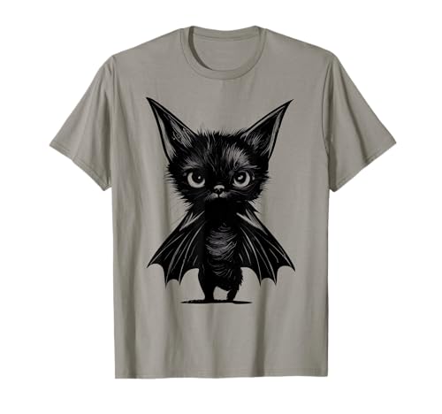 Halloween Grumpy Black Kitten In Bat Costume T-Shirt