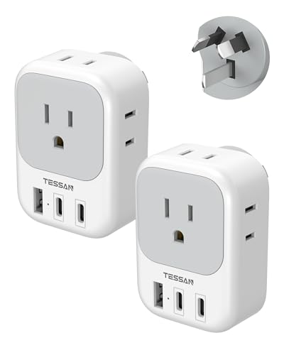 Australia New Zealand Power Adapter 2 Pack, TESSAN Australian Travel Adaptor with 4 Outlets 3 USB (2 USB-C), Type I Plug Adapter for US to Argentina China Fiji Samoa Tonga Kiribati