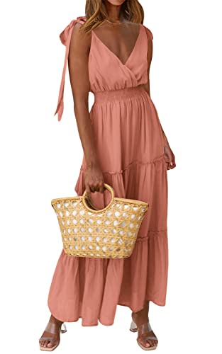 PRETTYGARDEN Women's Cross Neck Summer Sleeveless Tiered Maxi Dress Beach Tie Strap Smocked Long Dresses Pleated Sundress (Nude Pink,Small)