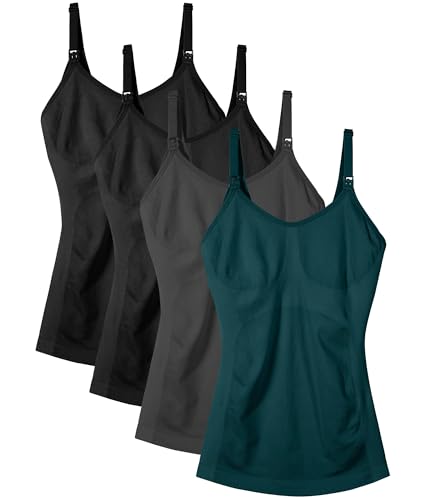 Women's Maternity Nursing Tank Tops with Built in Bra for Breastfeeding Shirt 4Pack Color Black Grey Green Size L