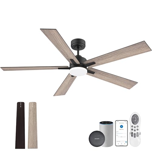 60” Smart Ceiling Fan with Lights Remote,Control via Alexa Google App Wifi,Silent DC Motor,Dimmable,Outdoor Indoor Modern Ceiling Fans for Large Bedroom Living Room Kitchen Patio,Black Walnut Brown