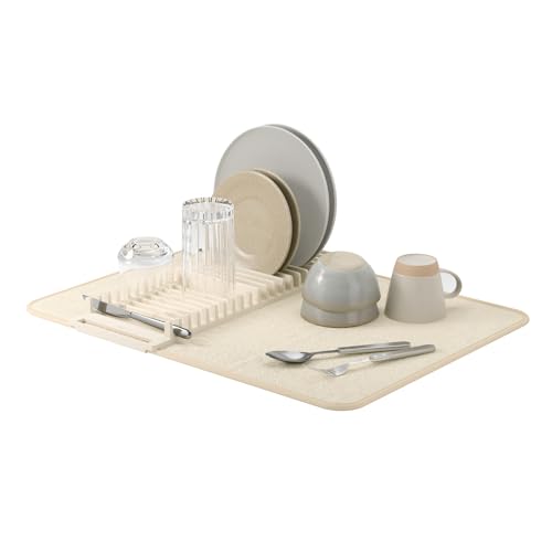 Umbra Udry Dish Rack and Microfiber Drying Mat – Space-Saving Design Folds Up for Easy Storage, Basic Rack, Linen