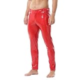 YOOBNG Mens Pu Leather Pants Shiny Activewear Leggings Straight Leg Faux Leather Pants Disco Casual Pants Bright Red