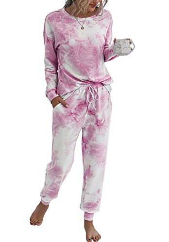 PRETTYGARDEN Women's Tie Dye Two Piece Pajamas Set Casual Long Sleeve Sweatshirt with Long Pants Loungewear (Pink,Small)