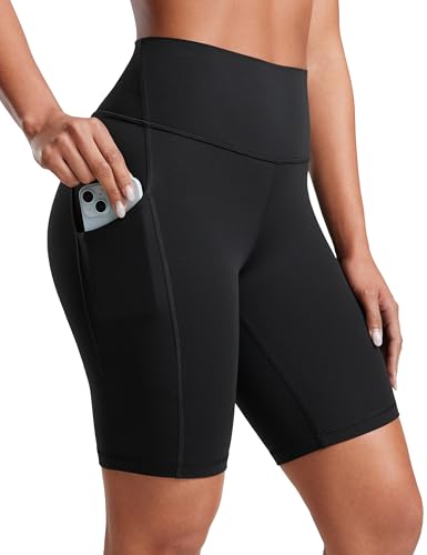 CRZ YOGA Women's Butterluxe Biker Shorts 8 Inches - High Waisted Side Pockets Workout Yoga Volleyball Buttery Soft Black Small