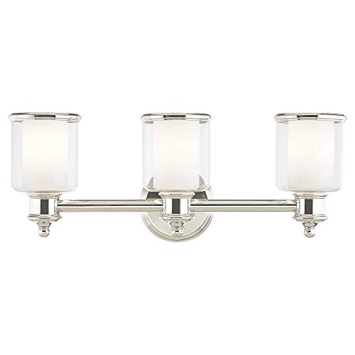 Livex Lighting 40213-35 Middlebush Collection 3-Light Bathroom Vanity Light with Double Shaded Hand Crafted Glass Shades, Polished Nickel, 23.5 x 6.5 x 9