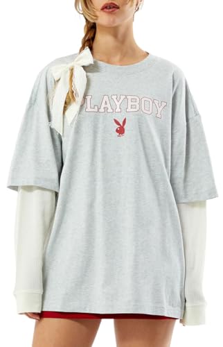 PacSun Playboy Women's Double Layered T-Shirt - Gray Size Medium