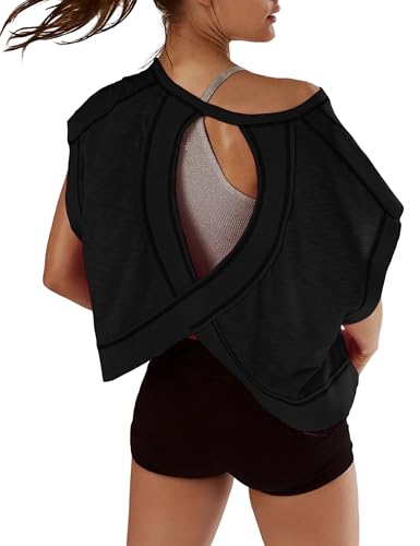 Kumufenc Women Short Sleeve Workout Shirts Open Back Tops Casual Yoga Y2k Athletic Gym Slouchy Crop Running Tees(Black,S)