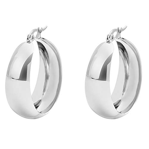 Edforce Stainless Steel Silver Plated Lead-free Hypoallergenic Wide Large Rounded Hoop Earrings with Click-Top (Silver, 25)