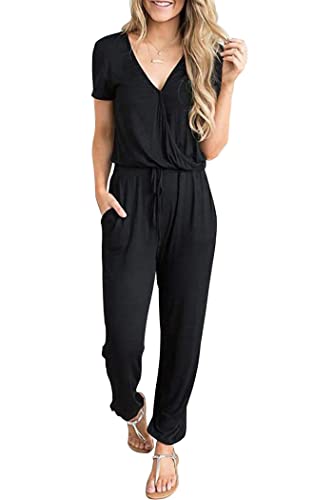 PRETTYGARDEN Women's Summer Casual Deep V Neck Short Sleeve Wrap Drawstring Waist Jumpsuit Romper (Black,Large)