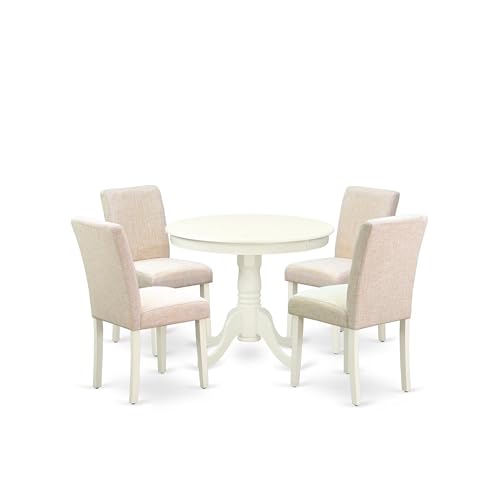 East West Furniture ANAB5-LWH-02 5 Piece Dining Table Set for 4 Includes a Round Kitchen Table with Pedestal and 4 Light Beige Linen Fabric Upholstered Chairs, 36x36 Inch, Linen White