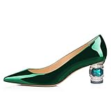 FSJ Women Bridal Pointed Toe Chunky Block Low Heel Crystal Pumps Slip on Wedding Thick Comfort Shoes Size 8 Dark Green-Patent