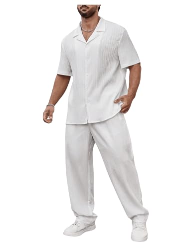 SOLY HUX Men's Plus Size 2 Piece Outfits Summer Short Sleeve Button Down Shirt and Pants Set Plain White 5XL
