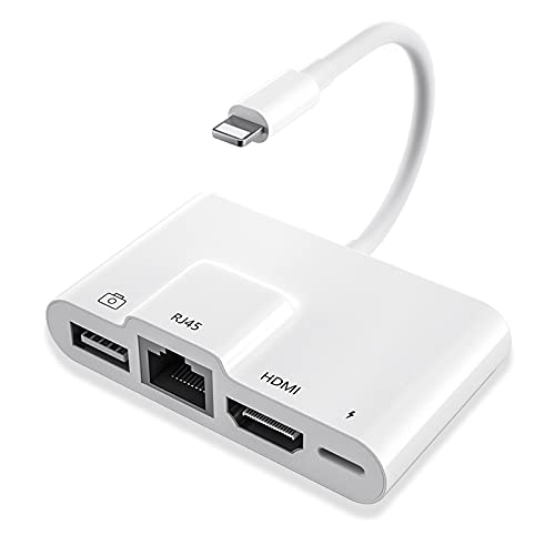 Lightning to RJ45 Ethernet OTG Digital AV Adapter, 4 in 1 HDMI LAN Wired Network USB OTG Hub, 1080P Sync Screen Converter with Charger Cable for iPhone 12/11/USB on HDTV/Projector/Monitor (White)