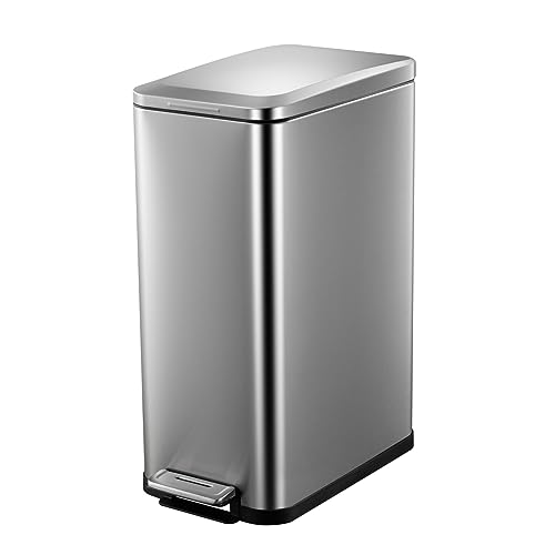 EcoExplorer 13 Gallon Kitchen Trash Can, 50 Liter Stainless Steel Rubbish Bin with Removable Inner Bucket, Step Narrow Recycling Bin with Soft-Close Lid for Dining Room, Bathroom