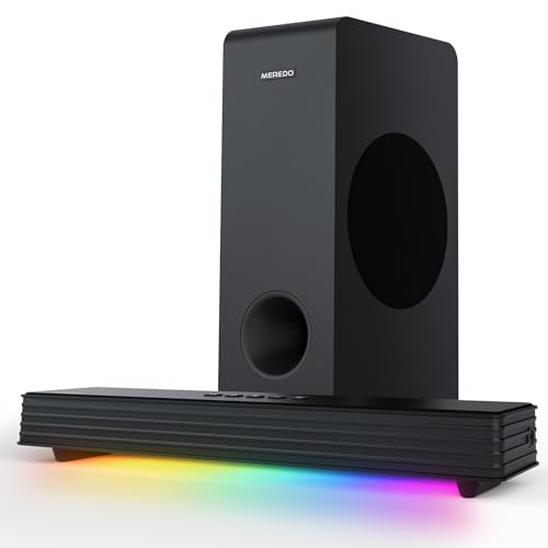 MEREDO Sound Bar for Smart TV 3.1CH PC Gaming Soundbar with Subwoofer RGB Lighting Audio Sync Surround Sound System BT 5.3/HD-ARC/Optical/AUX/USB for Desktop Tablets Consoles Home Cinema