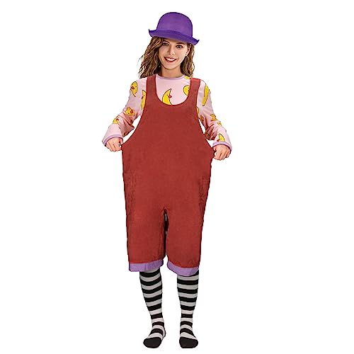 Nonnyer Women Clown Costume Bib Overalls Shirt Hat Rompers Stockings Outfit Halloween Cosplay Jumpsuit Uniform (XX-Large)