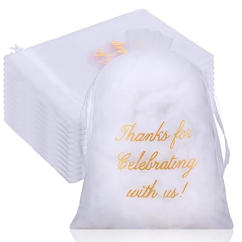 Riakrum 100 Pcs Thank You Bags Sheer Organza Bags Wedding Party Favor with Drawstring Thanks for Celebrating with Us Gift Wrap Mesh Mini Gift for Jewelry Makeup Candy Sachet(5 x 7 Inch,White)