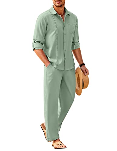 COOFANDY Mens Coordinated Outfit 2 Piece Linen Sets Casual Long Sleeve Button Down Cuban Shirt and Loose Pants Set Beach Vacation, Light Green, Small