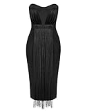 UONBOX Women's Strapless Elegant Tassel Tube Dress Bodycon Party Bandage Dress (XL, Black)