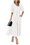 PRETTYGARDEN Women's Summer Midi Dress 2025 Casual Short Sleeve V Neck Buttons Belted Ruffle A Line Flowy Dress with Pockets (White,Small)