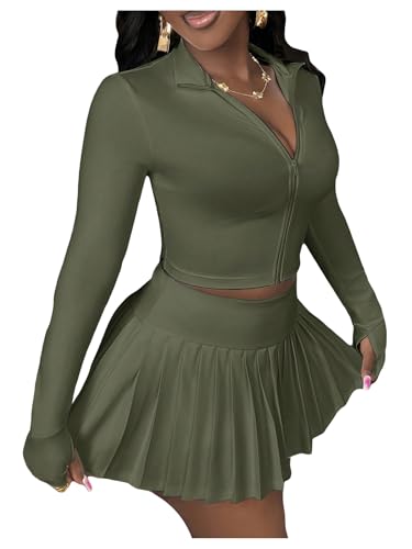 SOLY HUX Women's Skirt Sets 2 Piece Outfits Long Sleeve Crop Top with Pleated Mini Skirt Set Activewear Party Outfits for Women Army Green Large