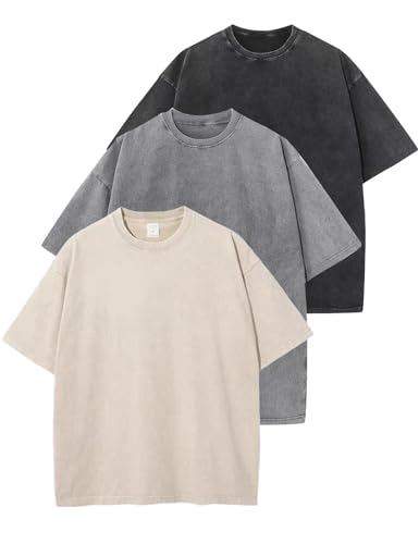 Arssm 3 Pack Men Oversized T Shirts Vintage Tee Loose Fit Short Sleeve Casual Streetwear Baggy Washed Unisex Tops(BlackGreyBeige-L)