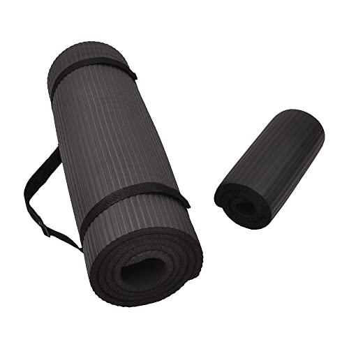 Fitvids All Purpose 1/2-Inch Extra Thick High Density Anti-Tear Exercise Yoga Mat and Knee Pad with Carrying Strap, Black