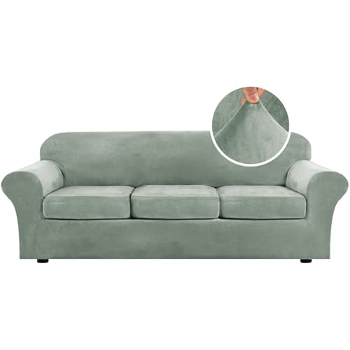 H.VERSAILTEX High Stretch Sofa Slipcover 4 Piece Cover Velvet Furniture Protector Form Fit Thick Velvet Extra Large Sofa Cover for 3 Cushion Couch Width Up to 97 Inch (Large Sofa, Sea Grass)