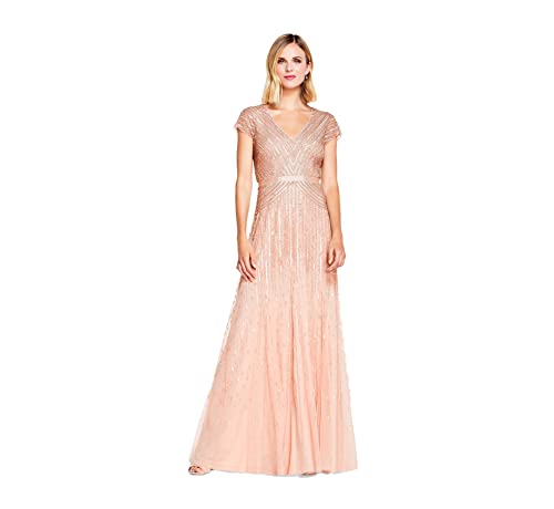 Adrianna Papell Women's Long Beaded V-Neck Dress with Cap Sleeves and Waistband, Blush, 12