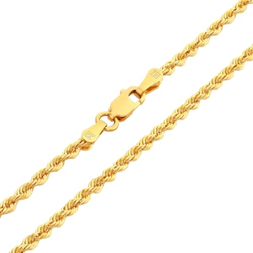 Nuragold 18k Real Yellow Gold 2mm Rope Chain Diamond Cut Necklace (16"-26") Italian Jewelry for Men & Women