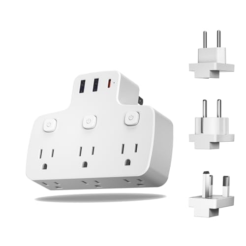 Hozzx Universal Travel Adapter kit, International Power Adapter with 6 Outlets and 3 Individual Switches, EU/UK/US/FR Travel Plug,European Travel Plug Adapter with 3 Removable Plug, White