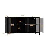 TAMUNE Sideboard Display Cabinet with Lights, 4 Glass Doors, Buffet Sideboard with Glass Shelf, Buffet Cabinet Glass Storage Cabinet for Living Room Kitchen, Black, 15.7”D x 55.1”W x 29.5”H