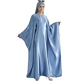 khalat Abaya Muslim Dress Women Satin Prayer Dress Batwing Long Sleeve Middle East Arabian Robe with Hijab Light Blue