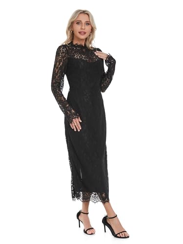 WOCV Women's Long Sleeve Lace Floral Elegant Cocktail Ocassion Party Midi Dress Wedding Guests Dress Black