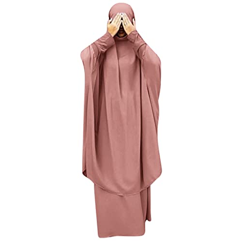 IKADEX Prayer Clothes for Muslim Women Islamic Abaya Suit Maxi Skirt + Khimar Hijab 2pcss Burka Jilbab Kaftan Pink