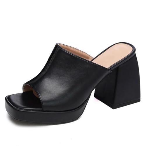 Womens Chunky Platform Mules Sandals Slip On Block Heels Square Toe High Heeled Dress Shoes Black Size 8