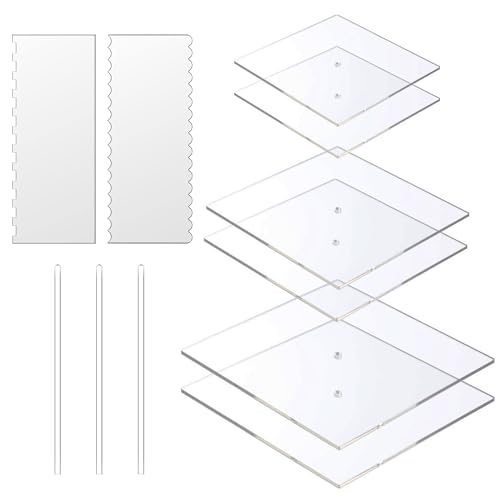 Boyun Acrylic Square Cake Disk Set,Acrylic Cake Discs Set,Comb Scrapers,Dowel Rods,Icing Scraper,Acrylic Scraper Smoother for 3 Tier Cakes (6.25" + 8.25" + 10.25")