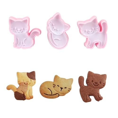 Cookie Cutters Cat Shape, 3PCS Cat Cookie Mold, Animal Cookie Stamps for Baking(Pink)