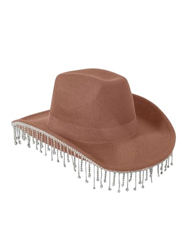 QWINEE Women's Western Rhinestone Tassel Decor Cowboy Hat Halloween Cowgirl Hat Fedoras for Men Hot Black one-Size Khaki One-Size
