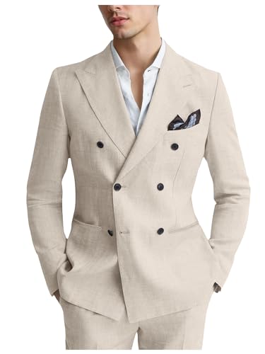 Men's Suits 2 Piece Linen Suit Set Slim Fit Casual Suits for Men Beige Suit for Beach Wedding Double Breasted Prom Tuxedo XL