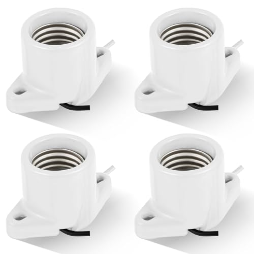 Saysurey 4 Pcs E26 Light Socket Porcelain Lamp Holder Socket Medium Keyless Threaded Base with Two Hole Flange Mounting and 6" Wire Indoor Garage Closet Lighting