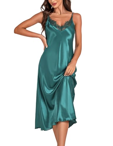 Marvmys Women Long Satin Night Gown Spaghetti Strap Silk Cami Midi Nightdress Nightgowns Sleepwear Dark Green