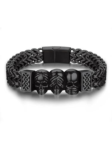 Bandmax Gothic Punk Biker Skull Pendant Bracelet for Men Black Metal Heavy Duty Curb Link Chain Wirtslet Large Size Skeleton Bracelets 9 Inch Mens Halloween Jewelry