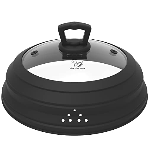 Microwave Splatter Cover Vented Glass Splatter Guard Lid with Collapsible Silicone for Food as Pot Cover Plate 10.8 inch for 6 7 8 9 10 inch Plate Bowl