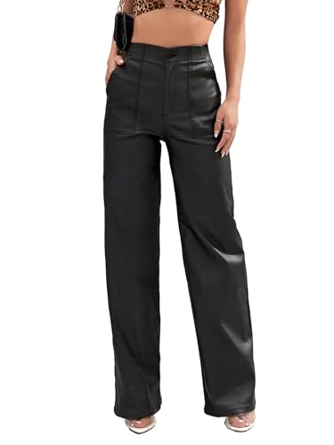 Lover Premium Faux Leather Pants High Waist Coated PU Button Straight Leather Black Leggings Wide Leg Pants with Pockets