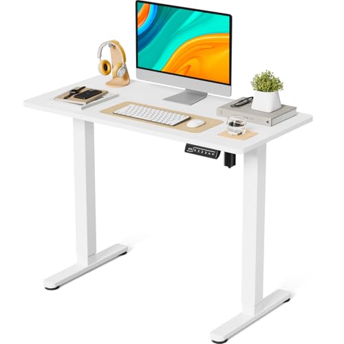 JOY worker Small Electric Standing Desk, 40" x 20" Whole Piece Height Adjustable Desk with Memory Controller, White Sit to Stand Desk Workstation for Home Office