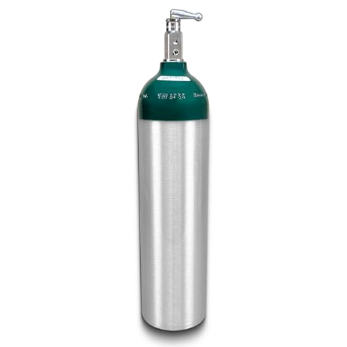 ResOne Portable Aluminum Medical Oxygen Cylinder, D Size, with CGA-870 Toggle Valve for Medical Use - Non-Sparking, Green Dome, Brushed Finish, 14.3 cf, Ships Empty, Prescription Required to Fill